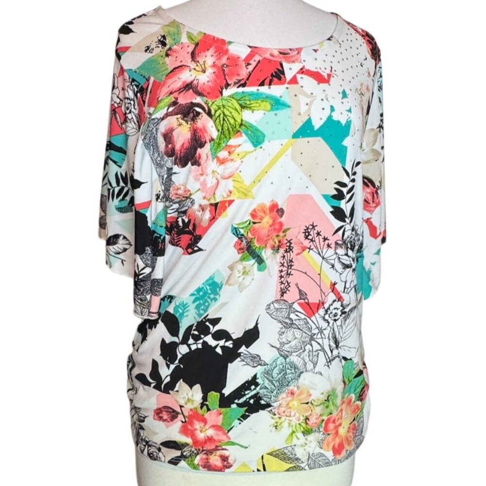 JM Collection Colorful Top Floral Short Sleeve Blouse Shimmer Rhinestone Medium